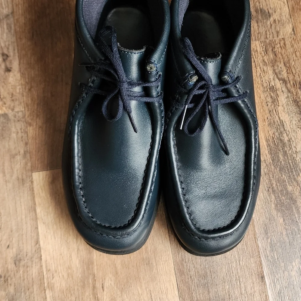 Hush Puppies Bridgeport Leather Moc Toe Chukka‎ Boots Navy Lace Up Boys Size 4